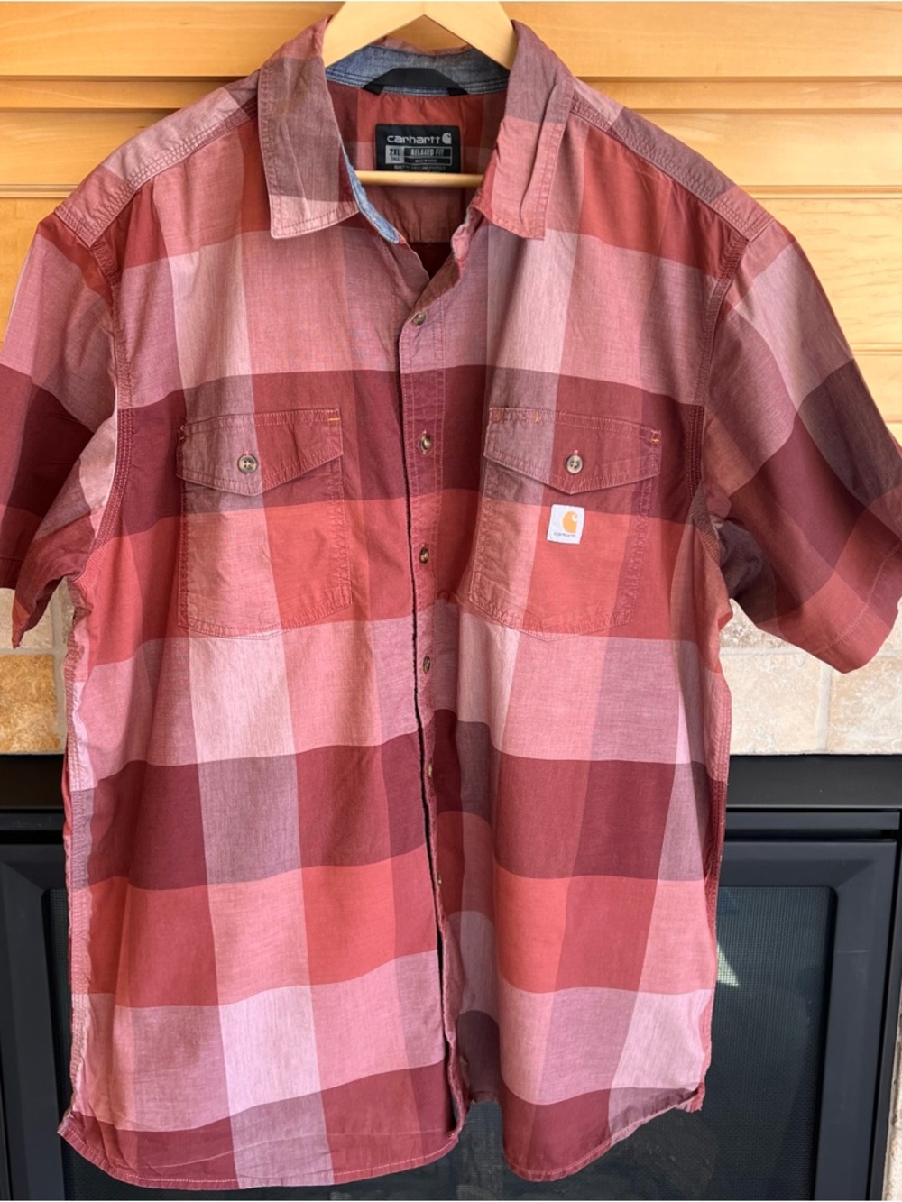 Carhartt Men's Short Sleeve Plaid Button-Down Shirt - Maroon & Pink Tones - 2XL